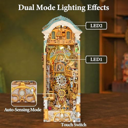 Tonecheer DIY Book Nook Kit for Adults, 3D Wooden Puzzle Bookend Miniature House Kit, Booknook Bookshelf Insert Decor with Dust Cover and LED Lights Gifts (Clock Tower) - Image 2