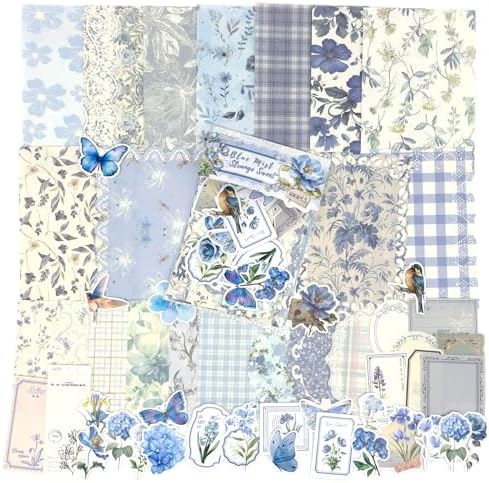 OKUPAN Scrapbook Supplies Kit – 100Pcs Vintage Floral Scrapbook Paper & Junk Journal Stickers, Journaling Supplies for Bullet Journaling, Retro Crafts, Mixed Media, Planner, Collage Card Album (Blue) by DecorateYourWorld