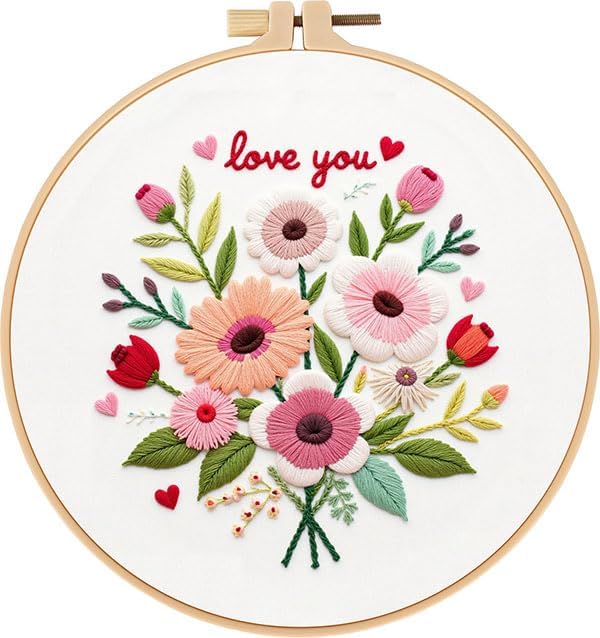 BBLYBD Embroidery Kit, 4 Set Cross Stitch Craft Kits for Beginners with Pre-Printed Embroidery Fabric, Hoops, Step-by-Step Instructions, Color Threads & Needles (Valentines-4 Set)
