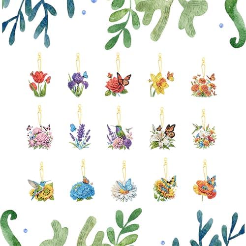 LAKEQUILL 15Pcs 5D DIY Diamond Art Painting Keychain Kits - Double Sided Flower Pendants Decorative Key Rings for Adults Beginners Craft - Image 6