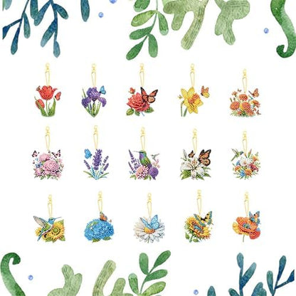 LAKEQUILL 15Pcs 5D DIY Diamond Art Painting Keychain Kits - Double Sided Flower Pendants Decorative Key Rings for Adults Beginners Craft - Image 6