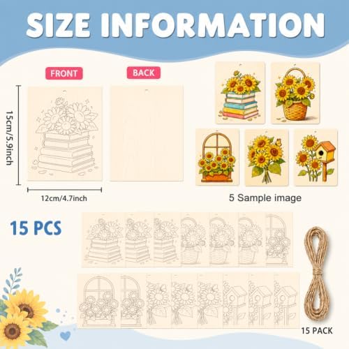 15 Pcs Unfinished Wood Crafts to Paint for Adults, 5.9x4.7 Inch Sunflowers Paintable Wood Slices Craft Supplies with Ropes, Bulk Predrilled Wooden Ornaments for DIY Painting Craft Decor - Image 2