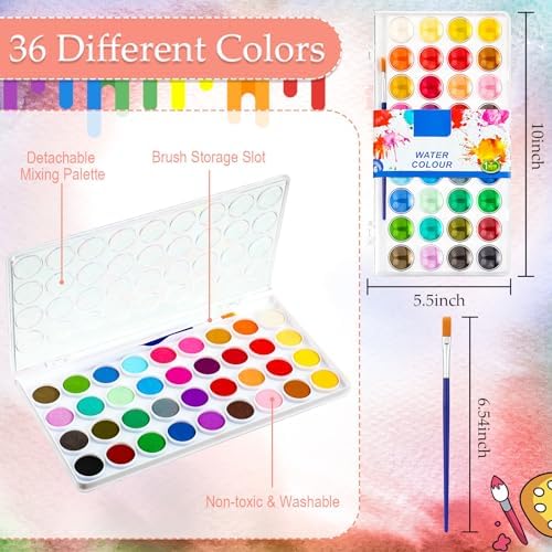Nuanchu Gifts Bulk Watercolor Paint Washable Watercolor Paint Kits Palette and Brushes Portable Water Color Supplies for Adults, Beginners Artists Graduation Gift(1 Pack,36 Colors) - Image 3