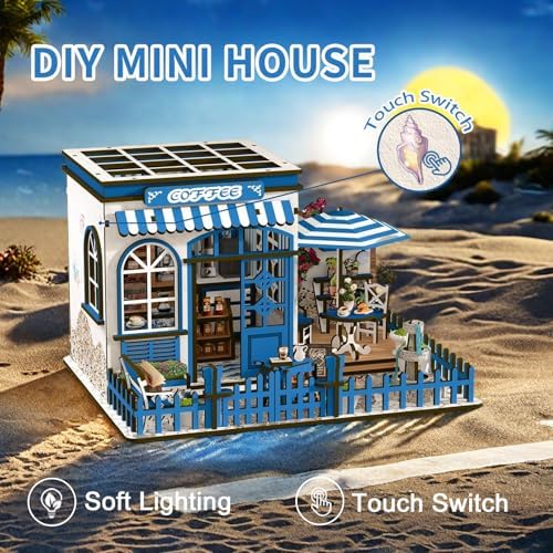DIY Miniature Dollhouse Kit with Touch LED Light, 3D Wooden Puzzle Santorini Cafe Model, Creative Ocean Style Building Set, Arts and Crafts Gift for Adults (317 Pcs) - Image 3