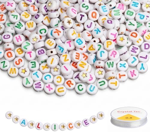 SUTOUG 1500PCS Letter Beads, 4x7mm White Alphabet Beads and Gold Star Beads by SUTOUG