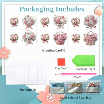 Tontut 6pcs Diamond Painting Kit Greeting Card, Rose Bouquet 5D DIY Diamond Handmade Holiday Greeting Card with Envelope, Christmas Gift Congratulation - Image 3