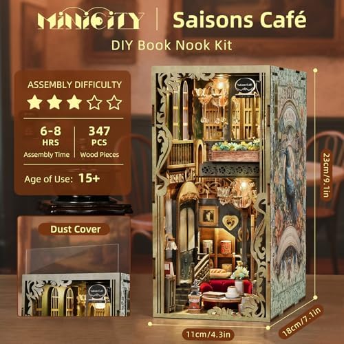 MiniCity Book Nook Kitwith Dust Cover and LED Light, 3D Wooden Puzzle Bookend Bookshelf Insert Decor for Teens and Adults (Saisons Café) - Image 3