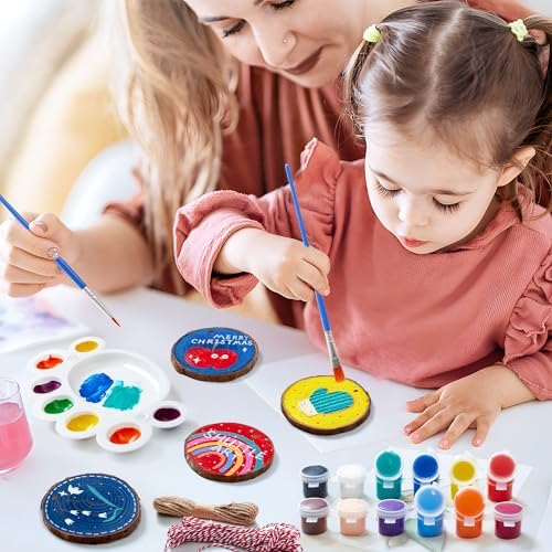 Shuttle Art Natural Wood Slices 70 PCS 2.8-3.1 Inches Craft Wood Ornament Kit, Unfinished Predrilled Wooden Circles with Hole, Jute Twine, Acrylic Paint, Markers for DIY Decoration - Image 6