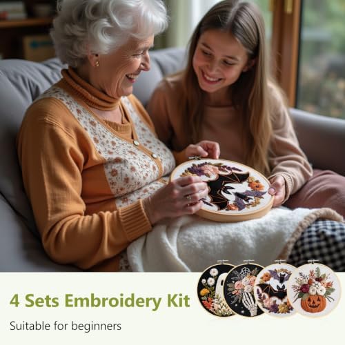 Santune Halloween Embroidery kit,Fall Needlepoint Cross Stitch Kits for Beginners Adult,Needle Point Sets,4 Embroidery,2 Hoops,Halloween Ornaments - Image 6
