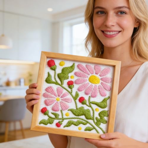 INFUNLY Boho Flower Punch Needle Kit, DIY Punch Needle Embroidery Kit for Adult Beginners 9.4x9.4 inch Complete Needlework Craft Supplies with Pre-Printed Floral Fabric & Threads - Image 6