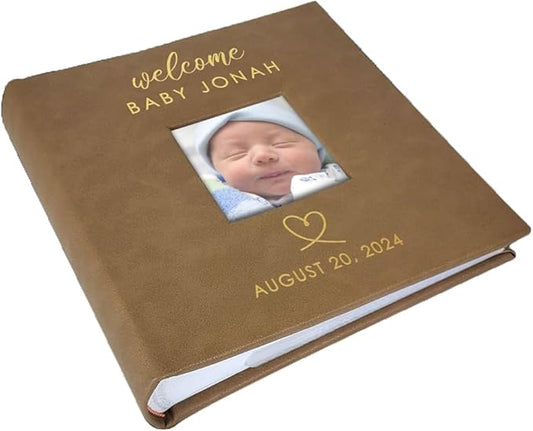 Personalized Photo Album, Custom Engraved Picture Album, Holds 200 4" x 6" Photos, Leatherette and Laser Engraved Scrapbook, Welcome Baby, Brown