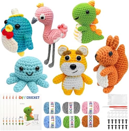 FHFTHYH 6Pcs Crochet Kit for Beginners, DIY Craft for Adults, Great Gift for Crochet Lovers, Crocheting Animal Kits with Step by Step Videos,Yarn,Crochet Hook,Birthday Holiday Gift by Unknown