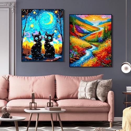 Yunnuo Paint by Numbers Kit for Adults Two Black Cat, Adult Paint by Number Kits Animals and Starry Night,DIY Paintwork with 3 Paintbrushes and Acrylic Paints,Perfect for Home Wall Decor 16x20 Inch - Image 4