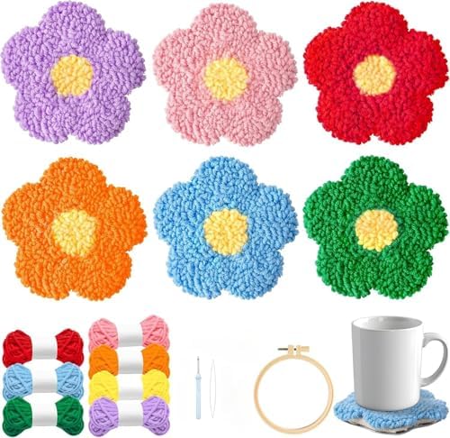 Avtytsda 6PCS Punch Needle Coaster Kit,Easy Punch Needle DIY Embroidery Set with Tools, Yarns, Hoop, Instructions Easy for Beginners, Kids, Adults, Handmade Gift and Decoration (Colorful Flowers) by Avtytsda