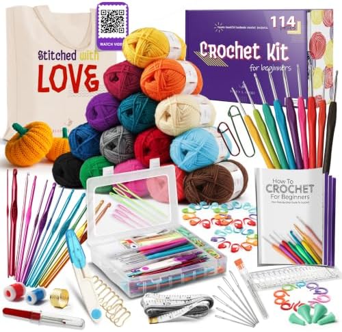Hearth & Harbor Crochet Kit 114 Piece with 1500 Yards Assorted Yarn Kit, Ergonomic Hooks, Crocheting Instruction, Knitting & Crochet Supplies - Beginner Crochet Kits for Adults, Ideal for Amigurumi by HearthHarbor