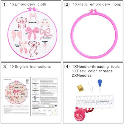 Pink Bowknot Embroidery Kits for Beginners Adults, Cute Hand Embroidery Starter Kits, Counted Cross Stitch Kits for Beginners DIY Craft Kits for Adults Women, Embroidery Hoops, Thread & Video Tutorial - Image 6