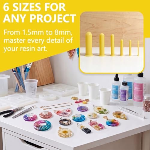 31 PCS Resin Hole Maker (1.5/2/3/4/6/8mm)) with Tweezers - Drill-Free Silicone Tools for Epoxy/UV Resin Jewelry, Keychain, Pet Tags 6 Sizes w/Suction Base Beginner-Friendly DIY Craft Kit （Yellow） - Image 7