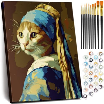 NiArt Paint by Numbers for Adults Beginners, DIY Paint by Numbers on Canvas for Kids, Oil Painting Kits for Gift Home Wall Decor,10 Brushes and Acrylic Paint,12x16 Inch,(Pearl Earring Cat, with Frame) by NiArt