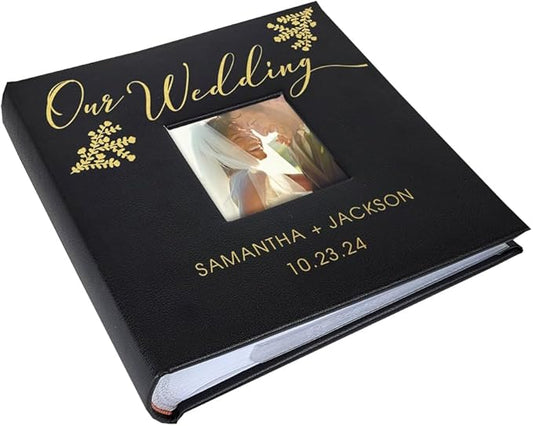 Personalized Wedding Photo Album, Custom Engraved Picture Album, Holds 200 4" x 6" Photos, Leatherette and Laser Engraved Scrapbook, Our Wedding, Black