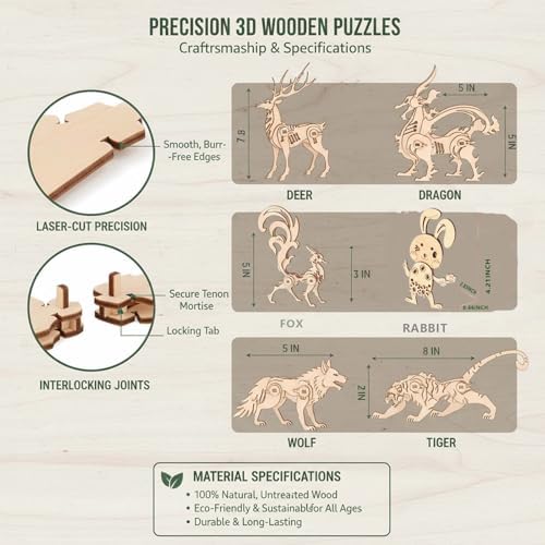 3D Wooden Animal Puzzle, Adult DIY Assembly Craft Kit, Paintable Handmade Ornament, Creative Home Decor, 6Pcs Set - Image 6