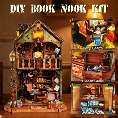 Book Nook DIY Miniature House Kit, 3D Wooden Puzzle Coffee House Dollhouse with Light & Tools, Creative Bookshelf Insert Craft Gifts for Adults Teens (Owl Library) - Image 3