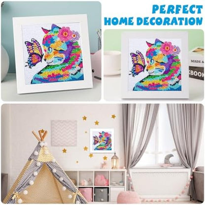 QEUOYSS Diamond Art Kit for Kids with Wooden Frame Art and Crafts for Kids Ages 6-8 -10-12 Easy to DIY Diamond Art for Kid and Adult Beginners Home Wall Decoration (Butterfly cat) - Image 4