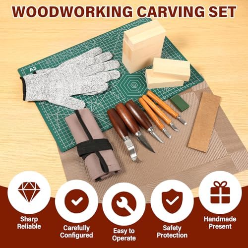 18Pcs Beginner Adult Wood Carving Tool Kit, Wood Whittling Knife Set with Basswood Carving Blocks, Leather Sharpening Strop & Safety Gloves for DIY Projects(Multicolor) - Image 7
