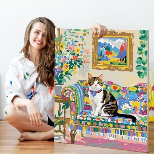 Fountor Paint by Numbers Kit for Adults Beginner, Flowers Cat Adult Paint by Number Kits on Canvas Without Frame, Cat Oil Paint by Numbers for Home Decor Gift 16” W x 20”L - Image 5