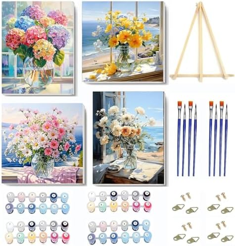 4 pack Flower Paint by Numbers Kit for Adults Beginner With Framed,Flowers Easy Adult Paint by Number Kits on Canvas DIY Painting for Beginners Art by Numbers for Home Wall Decor 10x12-10x10 Inch by NEGEKFKX