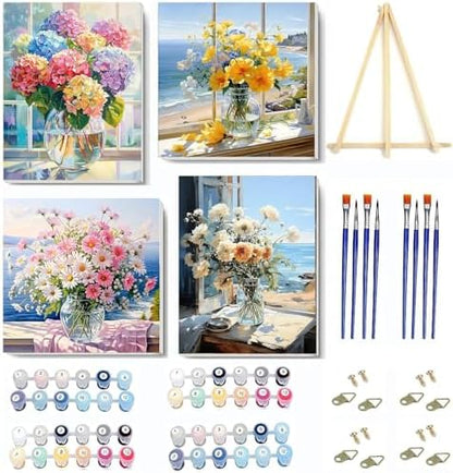 4 pack Flower Paint by Numbers Kit for Adults Beginner With Framed,Flowers Easy Adult Paint by Number Kits on Canvas DIY Painting for Beginners Art by Numbers for Home Wall Decor 10x12-10x10 Inch by NEGEKFKX