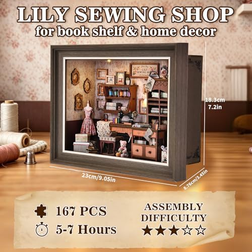 Book Nook Kit - 3D Wooden Puzzle with LED Switch Control & Wall-Mountable Frame，DIY Miniature House for Beginners，Bookshelf/Tabletop/Wall Decor for Craft Lovers，Dollhouse Gift (Lily Sewing Shop) - Image 5