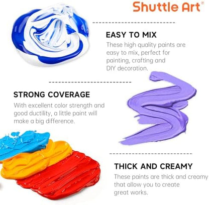72 Pack Acrylic Paint Set, Shuttle Art 60 Colors Acrylic Paint Including Extra White Black & 12 Brushes, 2oz/60ml, Rich Pigmented, Water Proof, Ideal for Artists, Beginners on Canvas Rock Wood Ceramic - Image 5