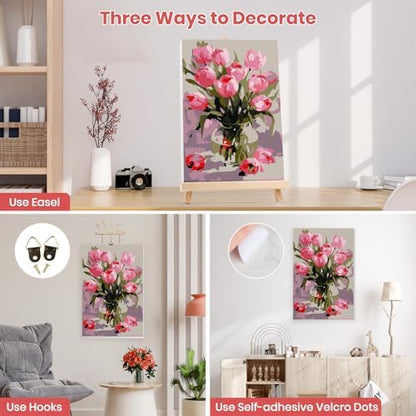 MXJSUA Pink Tulips Framed Paint by Numbers Kit for Adults Beginner with Wooden Easel, Adults' Paint-by-Numbers on Canvas, Easy DIY Acrylic Number Painting for Home Decor Gifts, 8x12 inch - Image 2