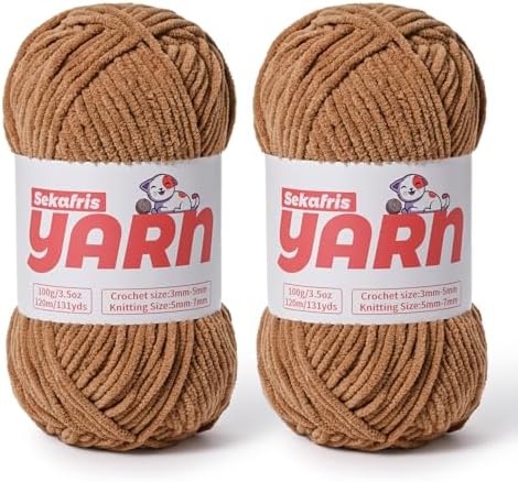 2 Pack Plush Chunky Chenille Yarn for Crocheting, Soft Fluffy Velvet Yarn for Crocheting Amigurumi, Fuzzy Baby Blanket Knitting 200g/262yds Bulky(2 Light Coffee) by Sekafris