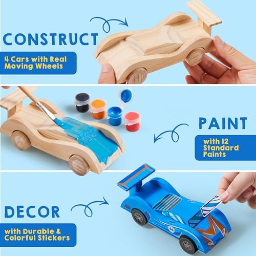 Klever Kits 4 DIY Wooden Race Cars-Build & Paint Your Own Wood Craft Kit, 4 Race Cars Toy, Easy to Assemble Arts Crafts Kit, Birthday Party Presents for Kids Boys and Girls - Image 2
