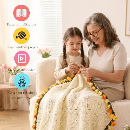 HZYZW Crochet Flower Blanket Kit for Beginners, 40'' Lily of The Valley Bouquet, Blanket Shawl Throw Kits for Adults, How to Knitting with Yarn, Home Decor Gifts for Crocheters (White-Yellow Lily) - Image 4