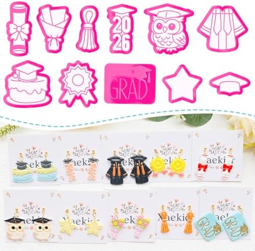 Graduation Polymer Clay Cutters & Stamp Set - 11pcs Sharp & Durable 2026, Owl, Cap, Gown, Diploma, Cake & Star Shapes for DIY Earring Jewelry Making, Soft Clay Crafts & Class Party Supplies by Xaekicr