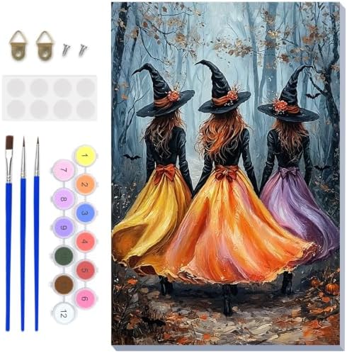 NAIMOER Halloween Witchs Paint by Numbers Kits for Adults Beginner with Wooden Framed, Fall Forest Color by Numbers on Canvas Painting Kits for Adults, Easy Paint DIY Acrylic for Home Decor 8X12 Inch by NAIMOER