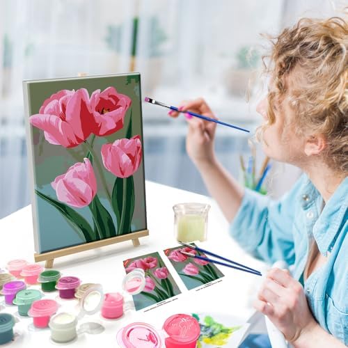ATDMS Paint by Numbers Kit for Adults with Frame Flowers Paint by Number with Easel DIY Tulip Adult Paint by Number Kits Oil Painting Kits for Gift Home Wall Decor 8x12 Inch - Image 4