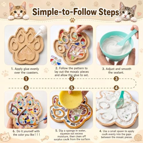 luperasol 6PCS DIY Cat Paw Mosaic Tiles, Mixed Color Mosaic Coaster Kit - Image 3