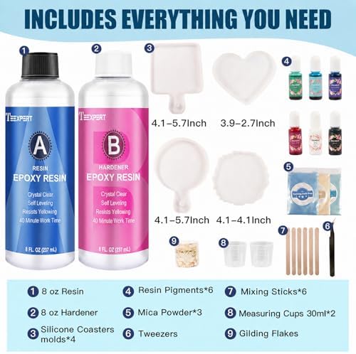 Teexpert Epoxy Resin Kit for Beginners, Resin Kit with Coaster Molds, Silicone Molds Kit, Pigments, Crystal Clear Art Resin, Casting & Coating for DIY Coasters 16 FL.OZ - Image 2