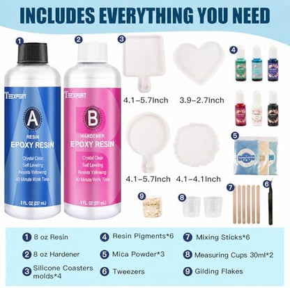 Teexpert Epoxy Resin Kit for Beginners, Resin Kit with Coaster Molds, Silicone Molds Kit, Pigments, Crystal Clear Art Resin, Casting & Coating for DIY Coasters 16 FL.OZ - Image 2