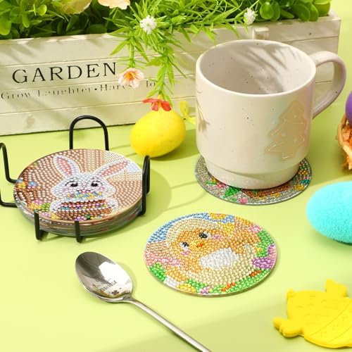 UPINS 8 Pieces Easter Diamond Art Coasters,Bunnies Diamond Art Coaster for Adults Diamond Kits Supplies for Spring Easter Gift - Image 4