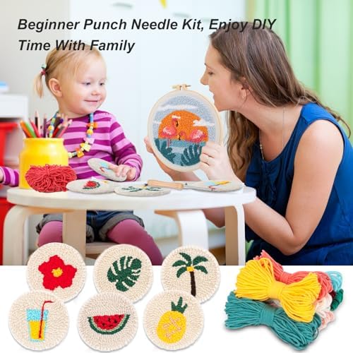 Sukhumvit 8PCS Punch Needle Coaster Kit, Beginners Adults Punch Needle Set with 8 Hawaiian Flamingos Tufted Patterns, Includes Yarn, Hoop&Pads, Starter Embroidery Kit DIY for Coaster & Home Decor - Image 4