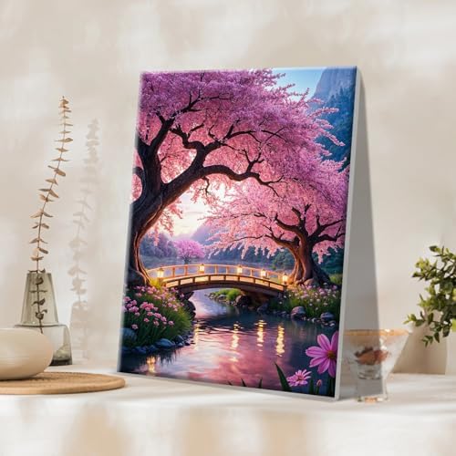 JOOZ Paint by Numbers Kit for Adults with Frame Sakura Paint by Number with Easel Tree Adult Paint by Number Kits Framed Canvas Mountain Waterfall Oil Painting Kits for Gift Home Wall Decor 8x12 Inch - Image 3