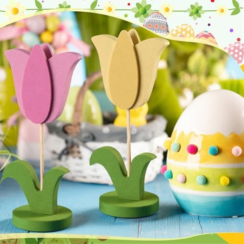 Bucherry 20 Pcs DIY Mother's Day Crafts Set 8 Pcs 3D Wooden Tulip to Paint Spring Wood Flowers Cutouts with Stand Unfinished Tulip Slices with 12 Colored Pens for Women Adult Crafts Art Table Decor - Image 5