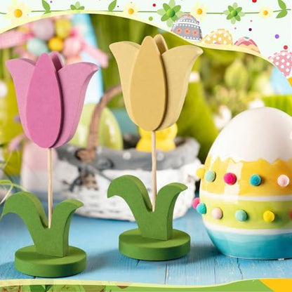 Bucherry 20 Pcs DIY Mother's Day Crafts Set 8 Pcs 3D Wooden Tulip to Paint Spring Wood Flowers Cutouts with Stand Unfinished Tulip Slices with 12 Colored Pens for Women Adult Crafts Art Table Decor - Image 5