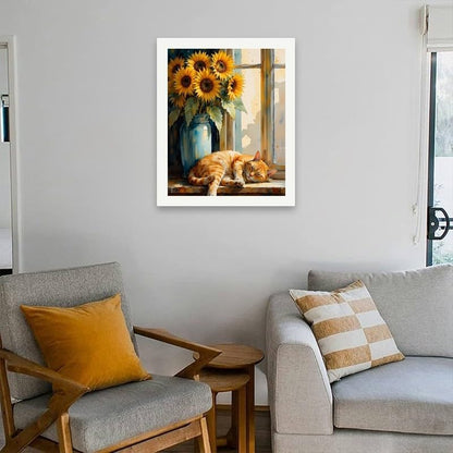 Sleeping Cat Paint by Numbers Kit for Adults - DIY Orange Cat and Sunflowers by Window Painting on Canvas 16x20 Inches, Acrylic Paint Set, Suitable for Beginners, Art for Decoration or Gifts - Image 4