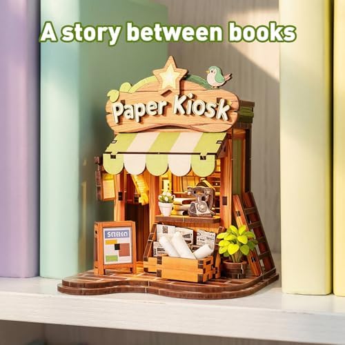 Book Nook Kit – DIY Miniature House 3D Puzzle with LED, Paper Kiosk Dollhouse Kit for Adults & Teens, 96-Piece Creative Mini Building Kit for Bookshelf Decor, Gifts for Family Friends - Image 3