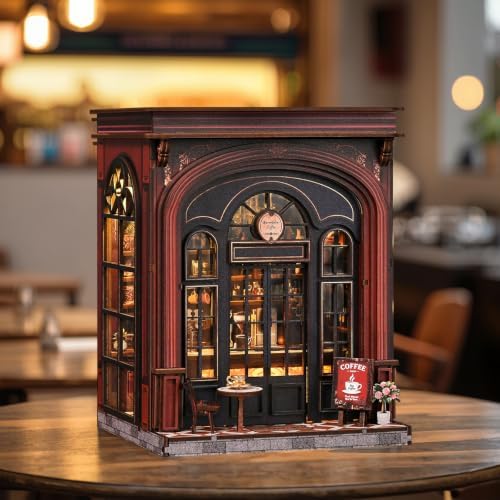 Sunny Cafe Dollhouse, DIY Miniature House Kit with LED Light for Adults Teens Beginners, Vintage Coffee Shop Book Nook Kit Bookshelf Decor, Creative DIY Craft Gift for Coffee Lovers Birthdays Holidays - Image 7